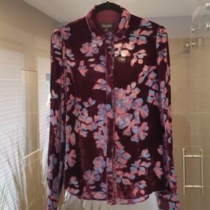 SALONI Floral Velvet Button Down Shirt - Burgundy and Pink